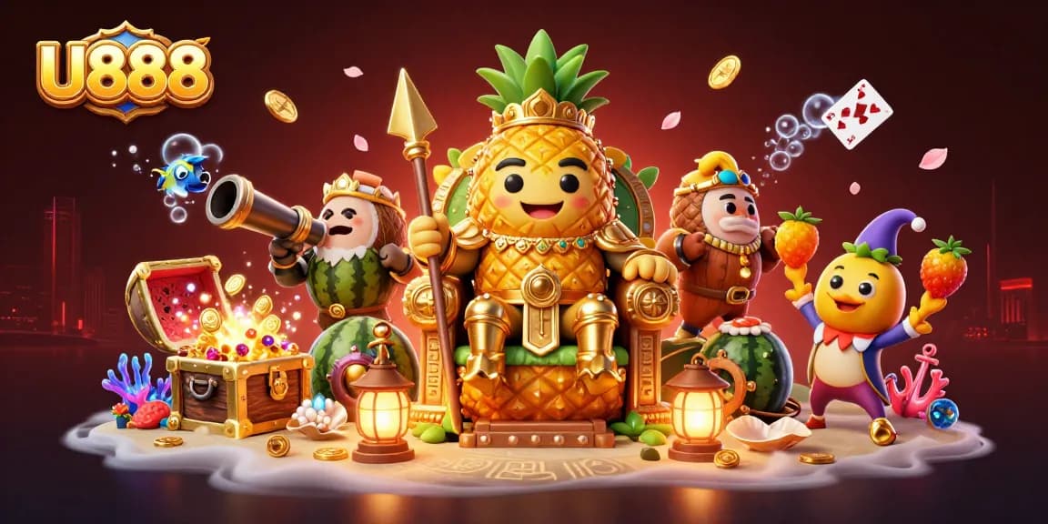 U888 transports players to a vibrant beach casino with animated characters and treasure.