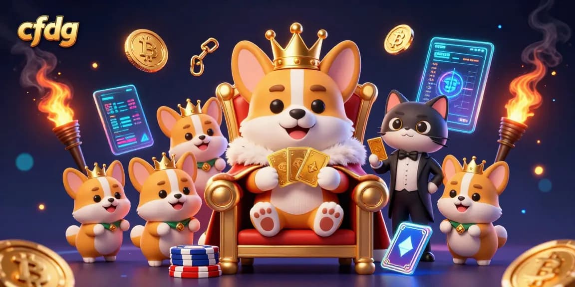 Engage with cfdg through this vibrant illustration of a corgi-themed casino scene featuring lots of poker elements.
