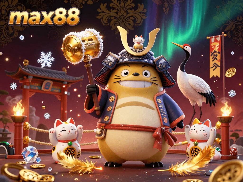 Experience the excitement of max88 with a vibrant 3D illustration featuring a lucky tanuki and colorful cats in a festive setting.