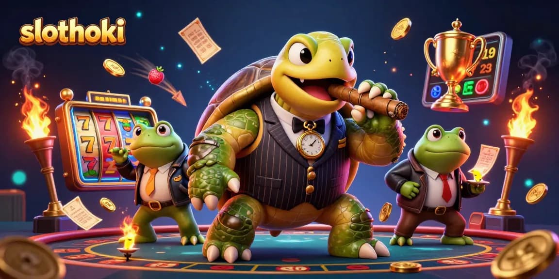 Meraih jackpot dengan slothoki! Turtles kartun dan katak berpakaian kasino beraksi di slot.