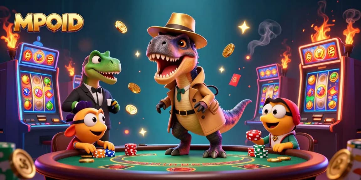 Witness the MPOID slot machine action with a velociraptor card counter, lively games, and colorful chaos!