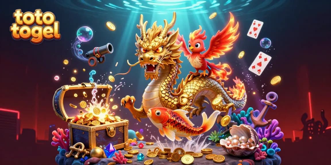 Gambar menunjukkan toto togel, naga emas, dan ikan koi melompat dalam suasana kasino yang menarik.