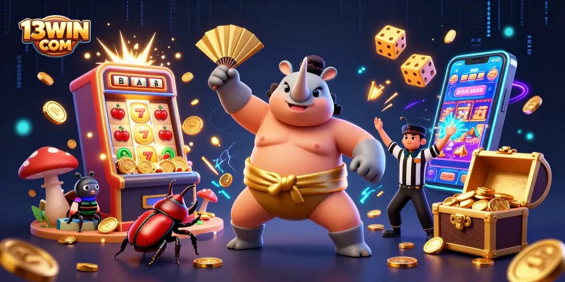 Experience the excitement of gaming at 13WIN COM with a vibrant casino illustration featuring a sumo champion beetle.
