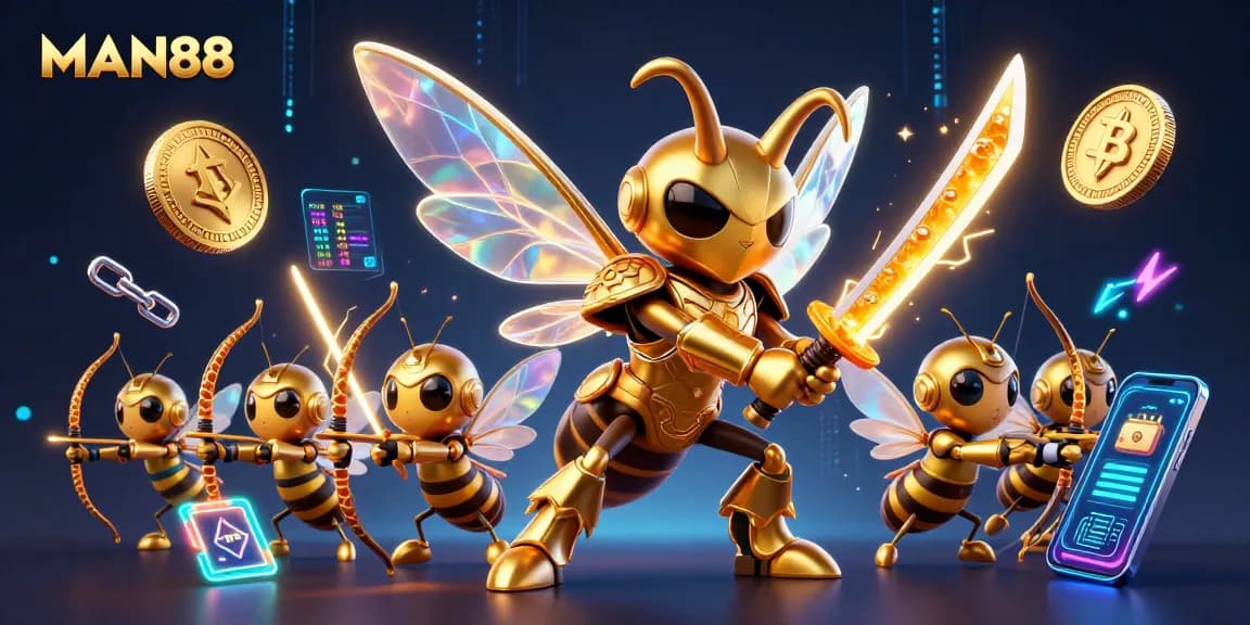 Elevate your betting experience with MAN88's dazzling golden hornet and bee archers in a crypto-themed casino scene.