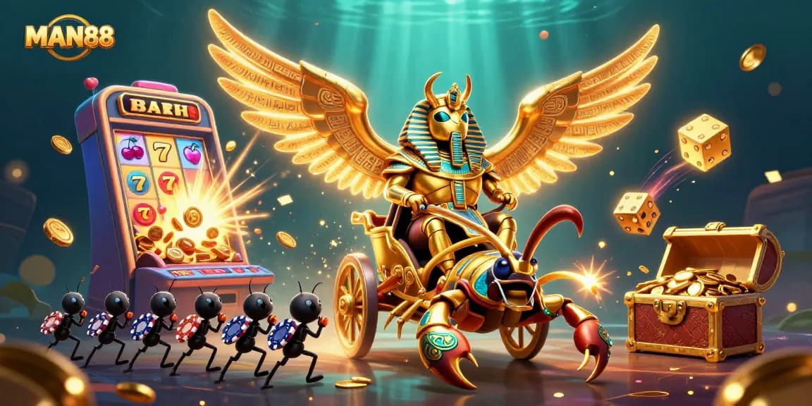 Engage with MAN88 through a vibrant 3D casino adventure featuring a golden scarab and jackpot elements.