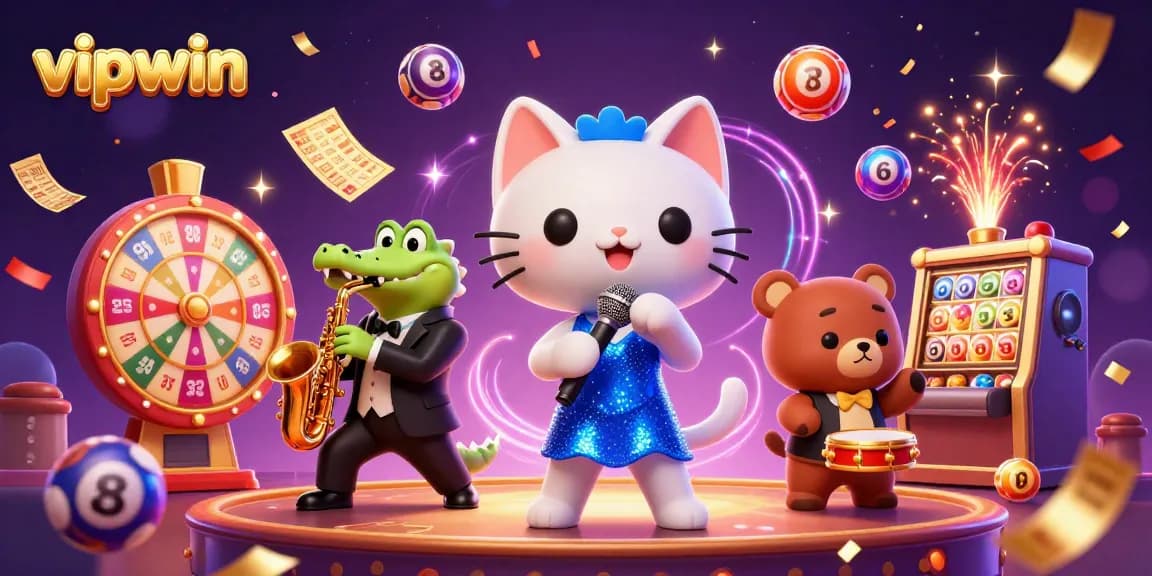 Exciting vipwin casino scene with characters enjoying dynamic lottery and gaming elements.