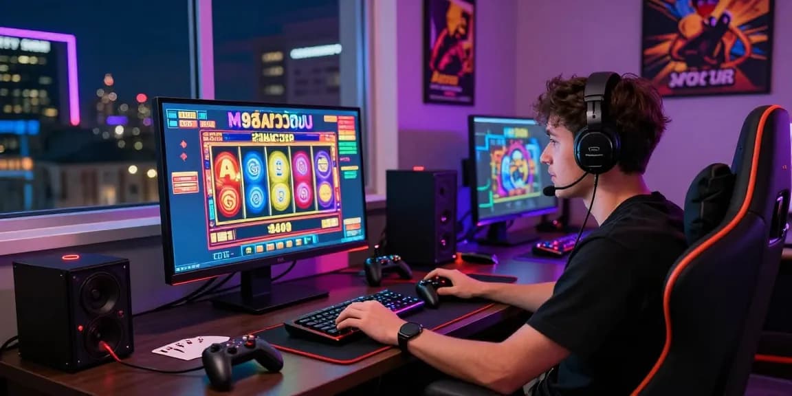 Engaged gamer at desktop enjoying M98 สล๊อตเว็บตรง gaming experience with colorful slot reels and ambient lighting
