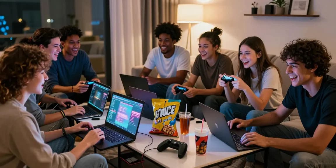 Penggemar LUXURY777 bermain game di ruang tamu yang modern dengan suasana ceria.