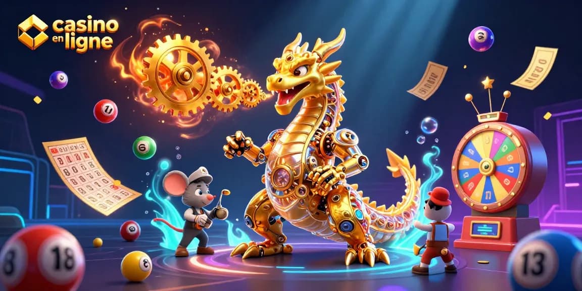 Jouez à casino en ligne avec un dragon doré et des éléments de loterie dynamiques.