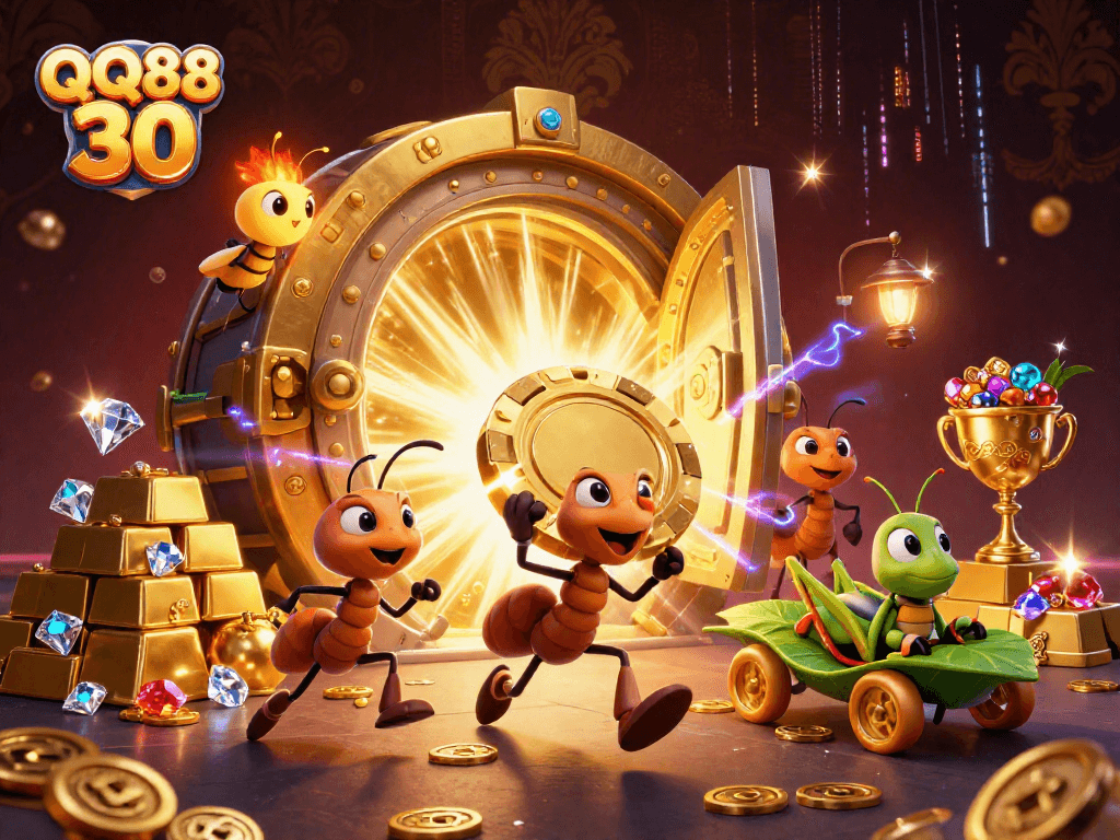 Watch QQ88 30 ants stealing a giant poker chip in this thrilling casino heist illustration.