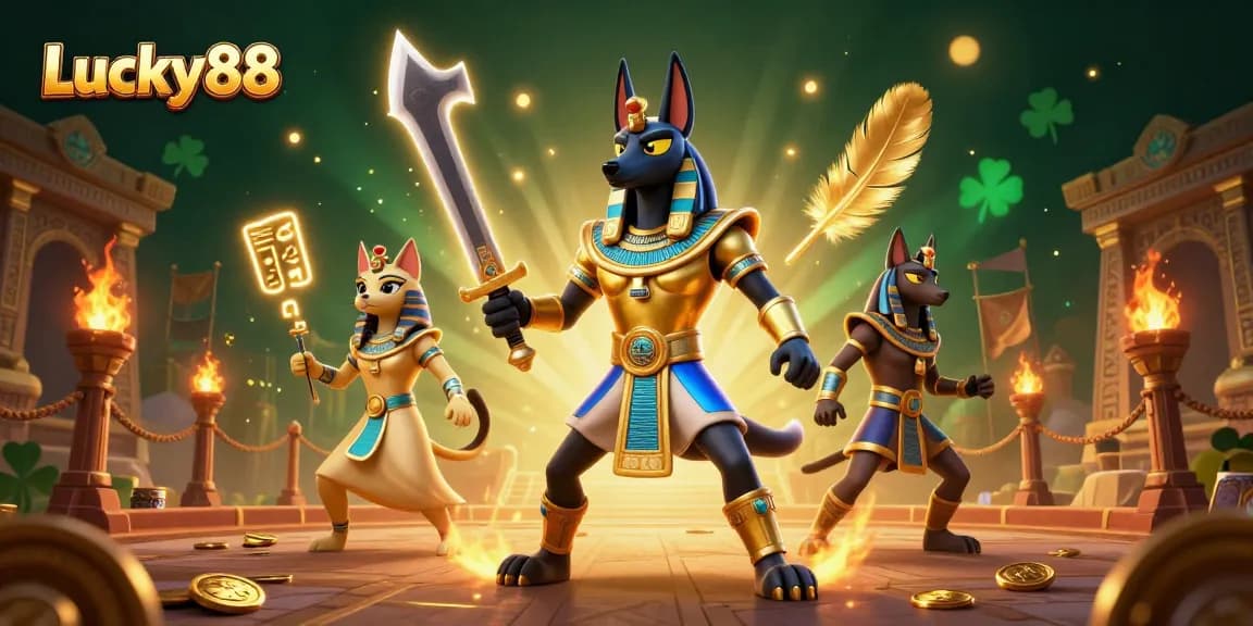 Experience the thrilling adventure of Lucky88 with ancient Egyptian warriors in this vibrant casino scene.