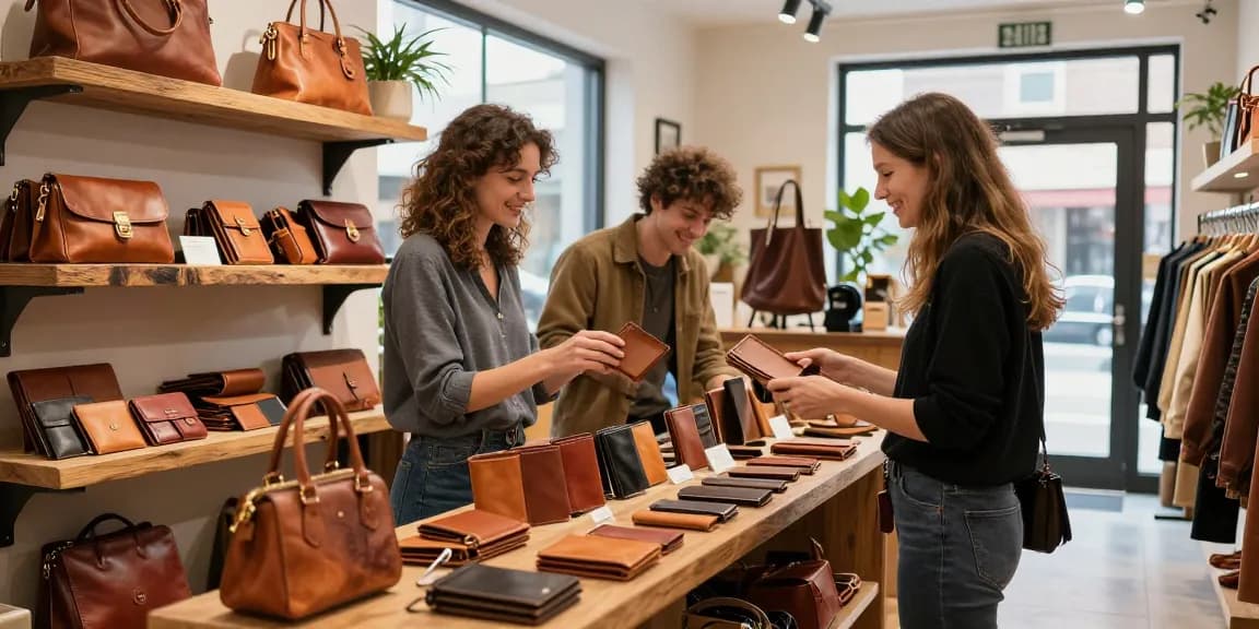 Shopper exploring stylish leather wallets and bags in a vibrant store space.