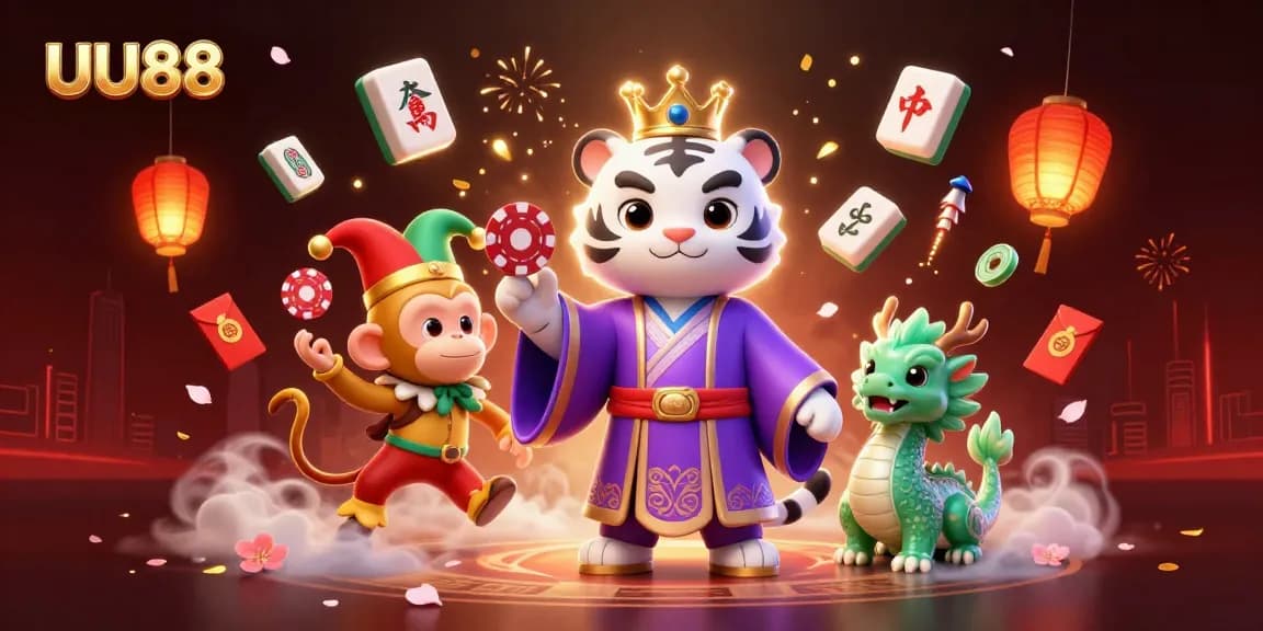 Experience the excitement of UU88 with a vibrant 3D illustration showcasing a royal tiger, playful monkey, and jade dragon amidst casino elements.