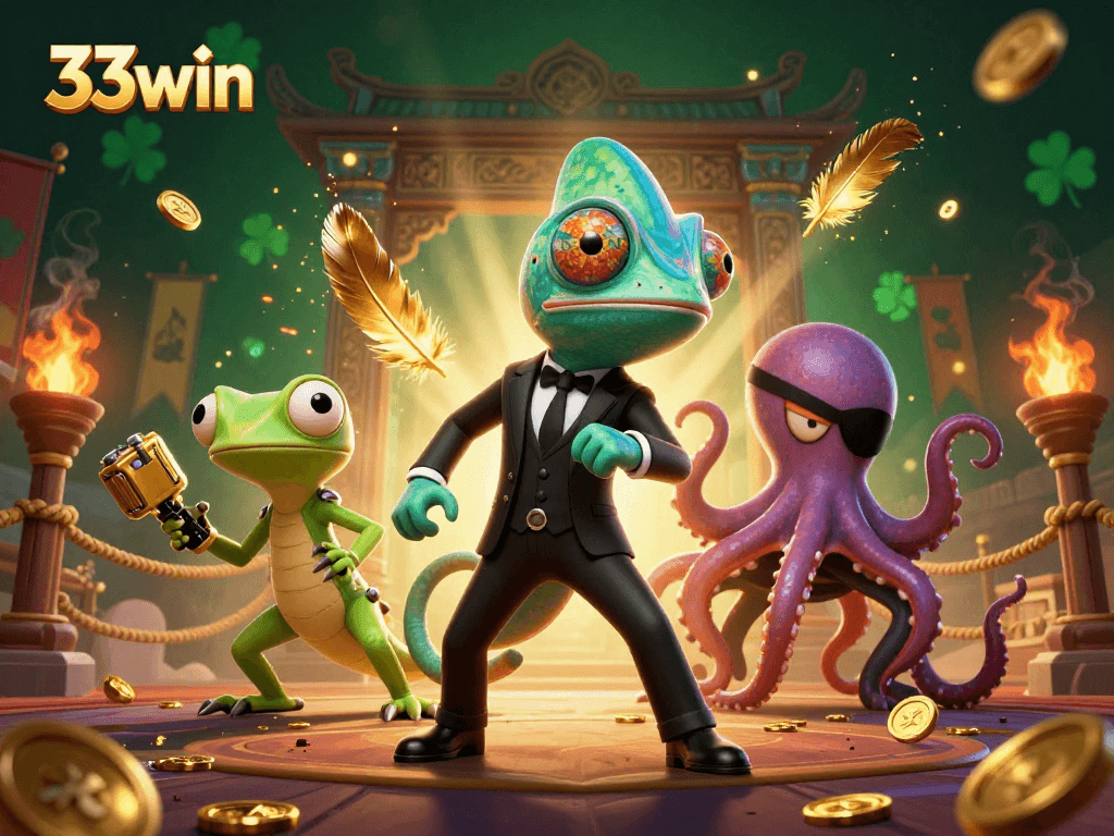 Engage with thrilling action at 33win, featuring vibrant characters in an exciting casino scene.