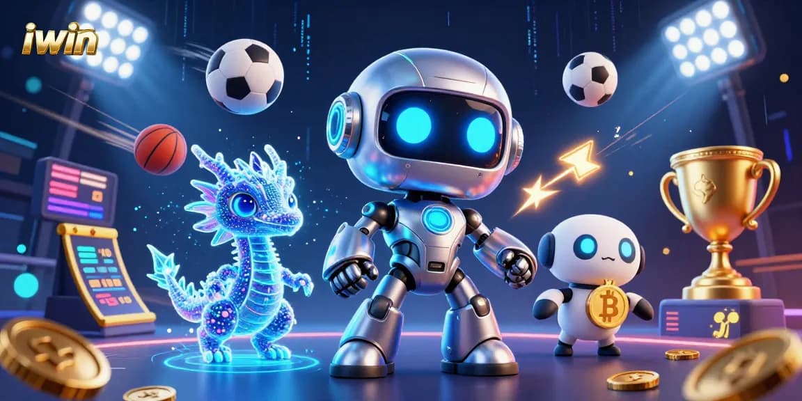Engage with iwin's dynamic gambling scene featuring neon-lit characters and sports action.