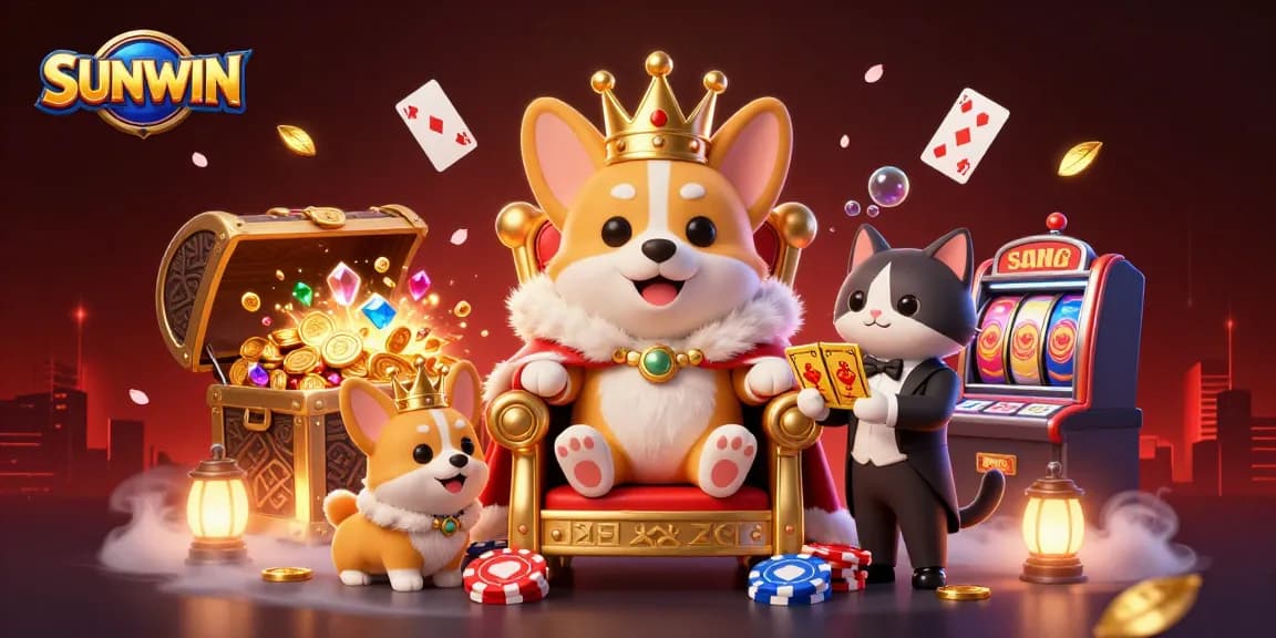 SUNWIN showcases a vibrant 3D cartoon scene with a royal corgi, poker chips, and slot reels filled with riches.