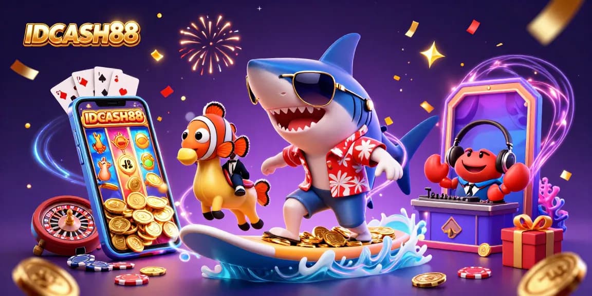 Engage in thrilling games with IDCASH88 featuring a shark, clownfish, and crab DJ in a vibrant casino scene.