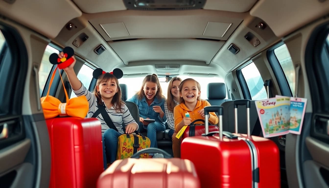Families enjoying a disney paris airport transfer boarding a private vehicle at CDG Airport.