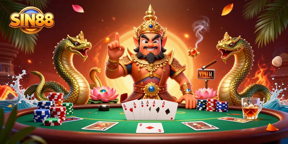 SIN88 poker scene with a 3D cartoon yaksha guardian, dynamic poker table, and vibrant casino atmosphere.
