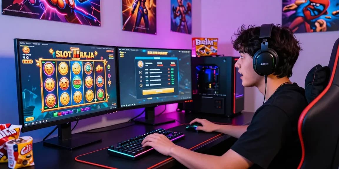 Slot Raja online gaming setup showcasing player excitement, vibrant jackpot alerts, and immersive gaming accessories.