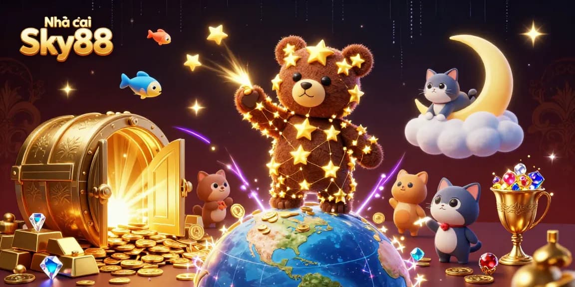 Engaging scene showcasing Nhà cái Sky88 with a constellation bear, treasure elements, and casino themes.