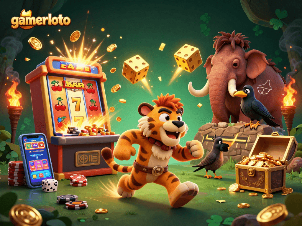 Experience the thrill of gamerloto with a lively prehistoric casino featuring a caveman and sabertooth tiger.