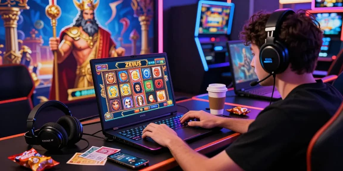 A player enjoying slot raja with Zeus theme in a vibrant online gaming setup.