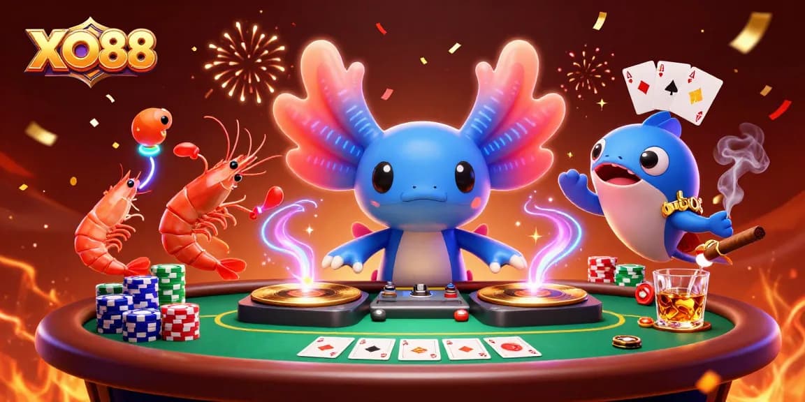 Experience the vibrant energy of XO88's colorful casino scene with neon axolotl DJ and poker action.