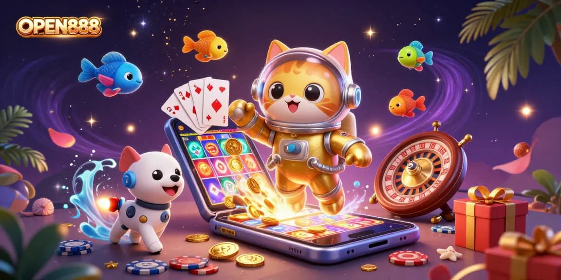 Engage with the immersive OPEN888 gambling experience featuring a vibrant slot gaming scene.