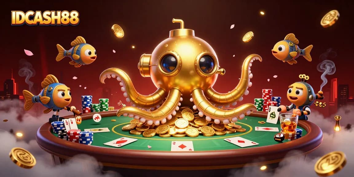Experience the thrill of IDCASH88 with a golden kraken submarine amidst poker game action.