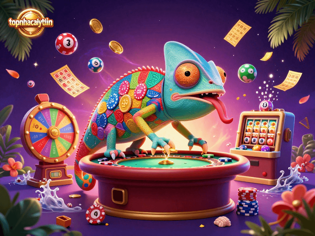 Experience the excitement of gambling with topnhacaiuytinn, featuring a colorful chameleon casino owner surrounded by dynamic game elements.