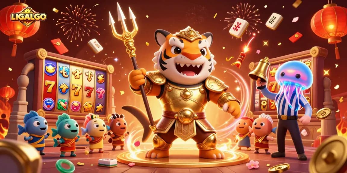 LIGALGO features an enthusiastic tiger shark in gladiator armor celebrating wins amidst vibrant slot reels and festive elements.