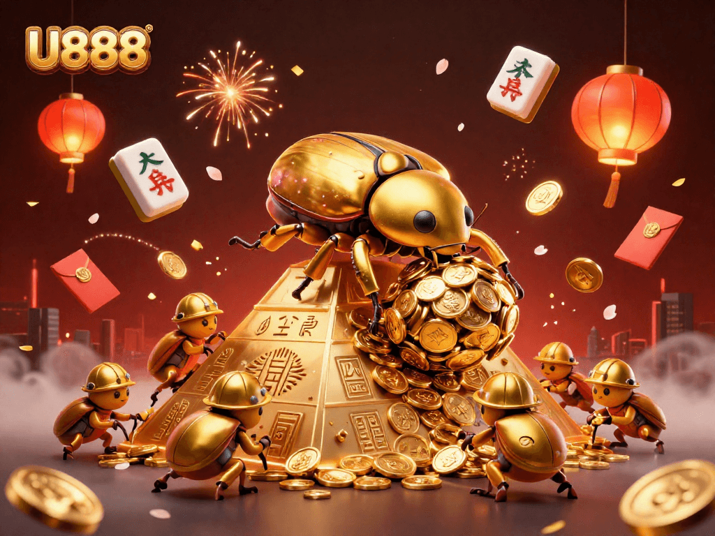 Experience thrilling gameplay with U888 featuring golden beetles amidst a vibrant casino scene.