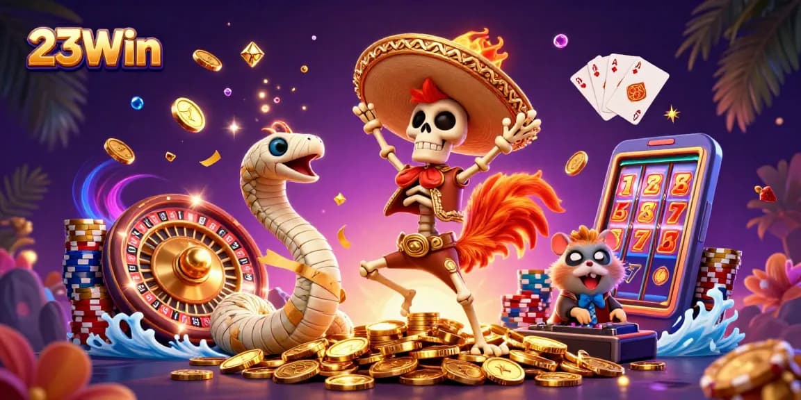 Experience winning moments at 23Win with a festive illustration featuring gaming elements