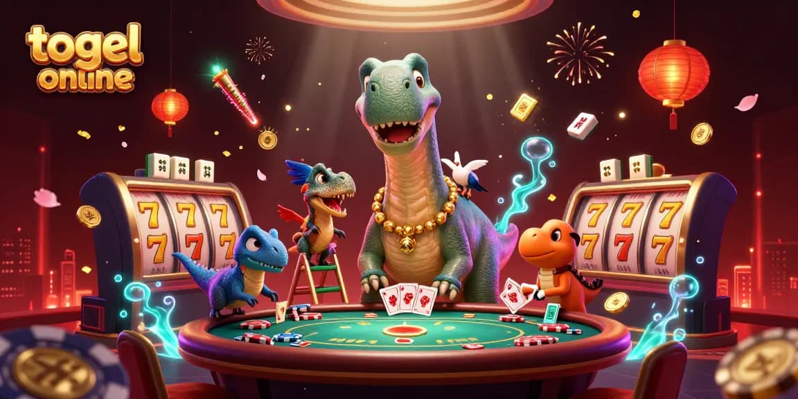 Join the excitement of togel online with a cartoon brontosaurus towering over poker chips, creating a festive atmosphere.