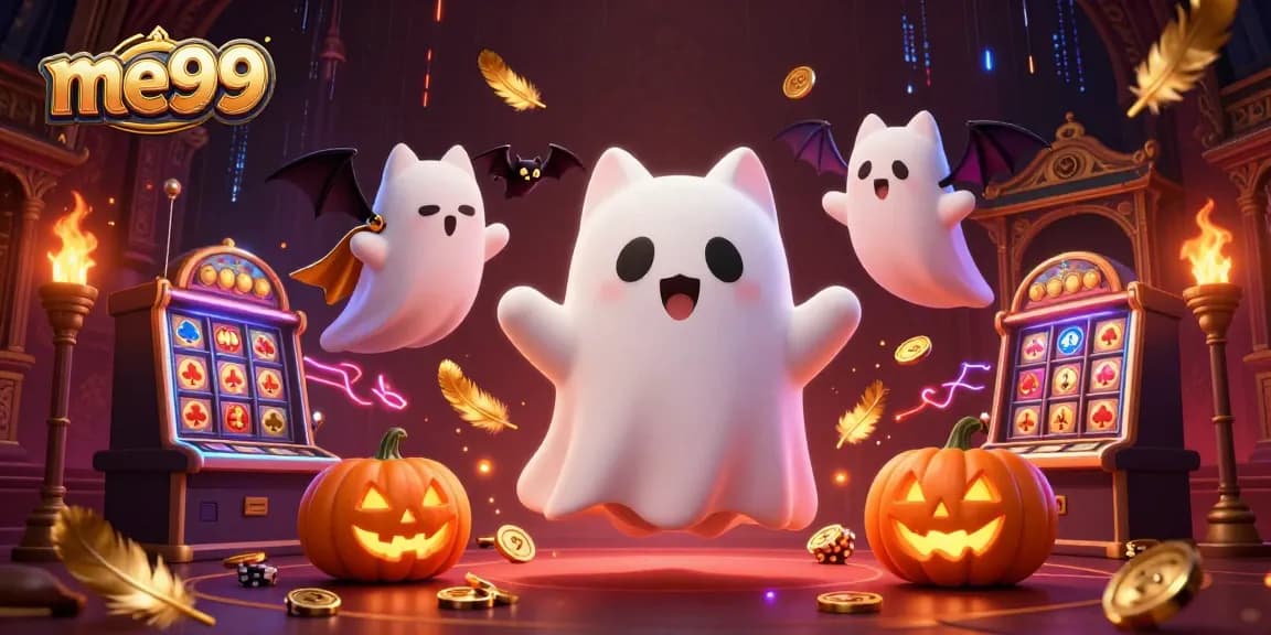Engage with me99's haunted casino scene featuring a ghost cat, vampire bat, and vibrant slot elements.