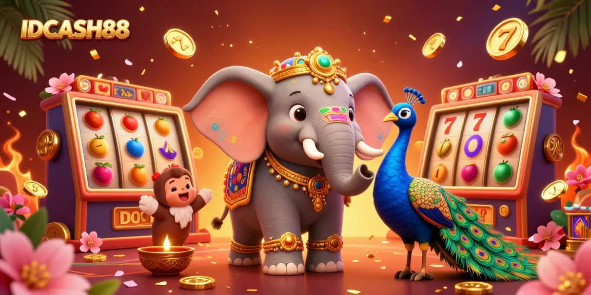 Spin the reels with the vibrant IDCASH88 elephant and peacock in a lively casino scene.