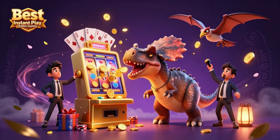 Best Instant Play Online Casinos illustrated with a pachycephalosaurus winning from a slot machine, golden coins flying!