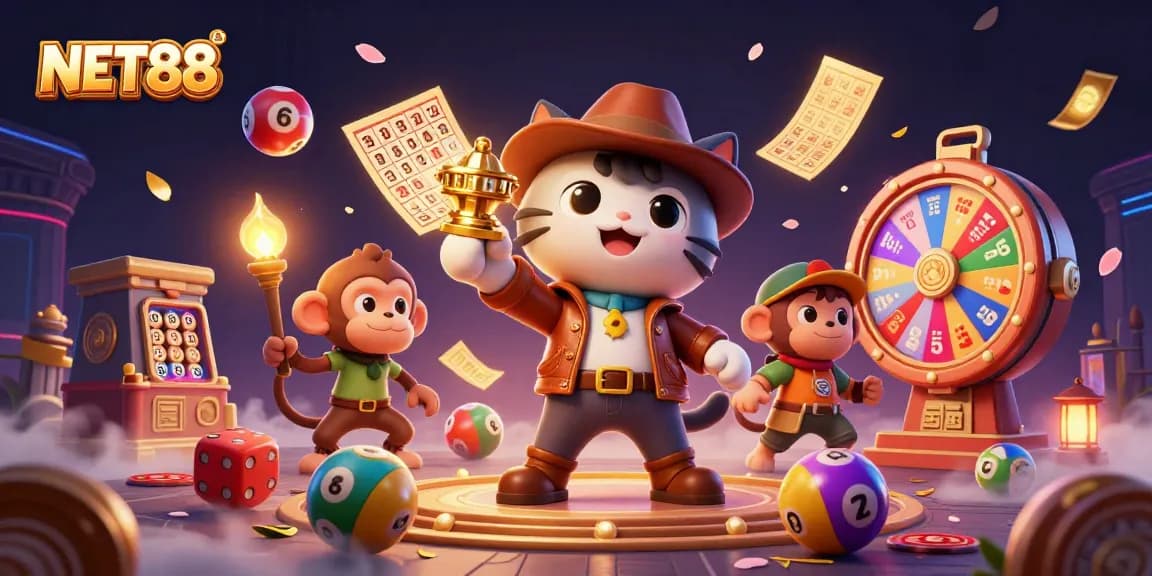 Engage with NET88 as the cartoon explorer cat uncovers golden casino treasures amidst vibrant activities.