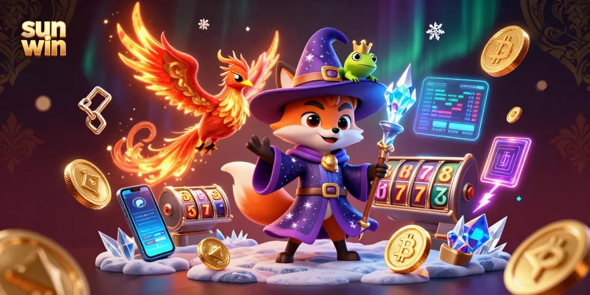 Experience thrill with sun win's dynamic casino scene featuring a wizard fox and phoenix.