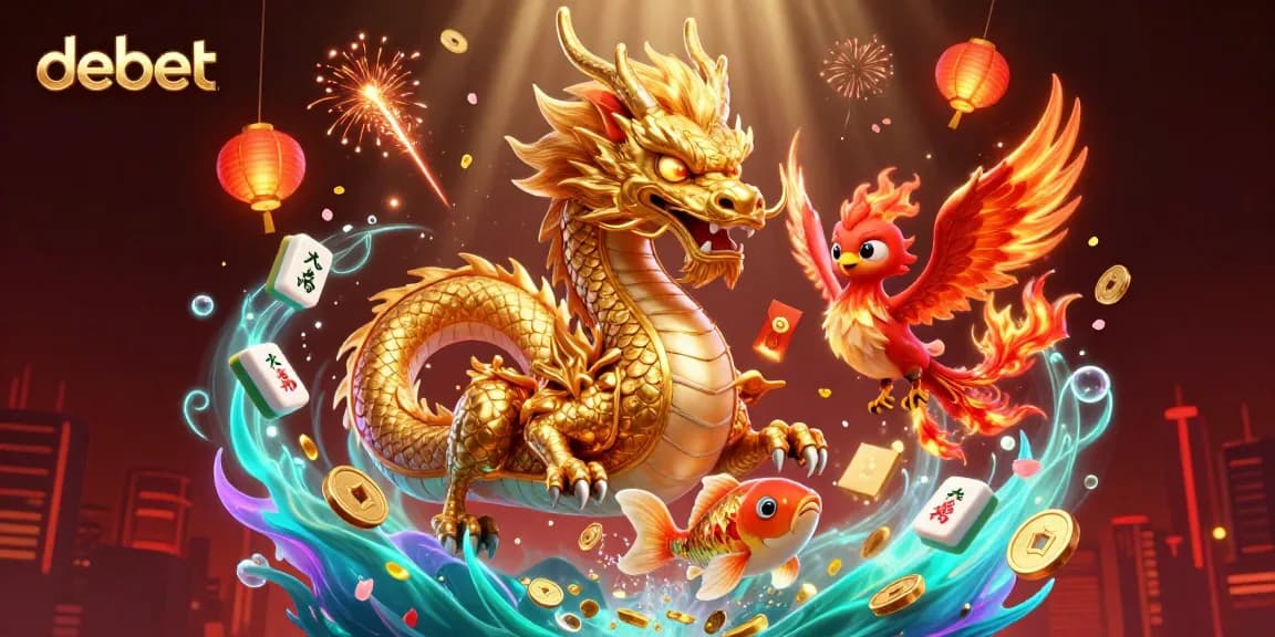 Experience the excitement of debet with a golden dragon, phoenix, and koi fish in a vibrant casino setting.