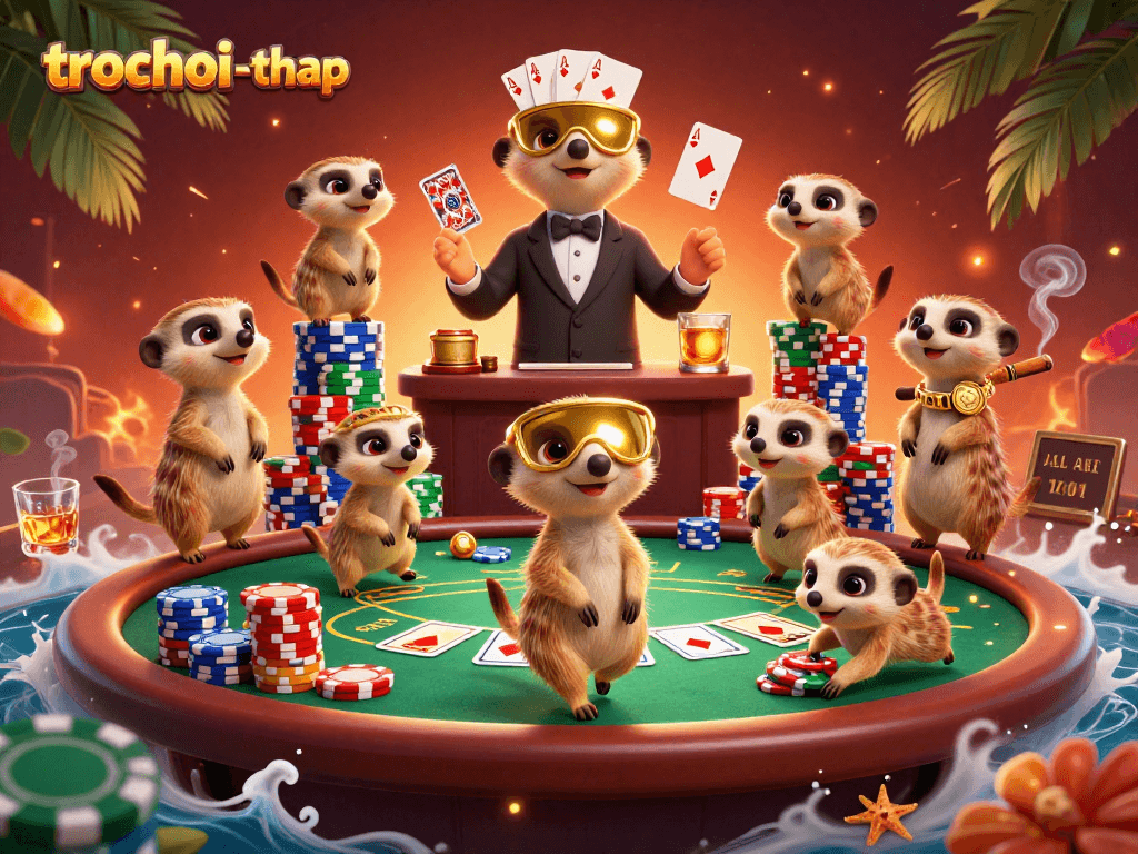 Experience trochoi-thap excitement as meerkats navigate a vibrant casino scene.