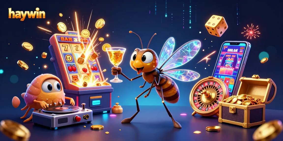Experience the excitement of haywin with a vibrant 3D casino illustration featuring animated characters and jackpot elements.