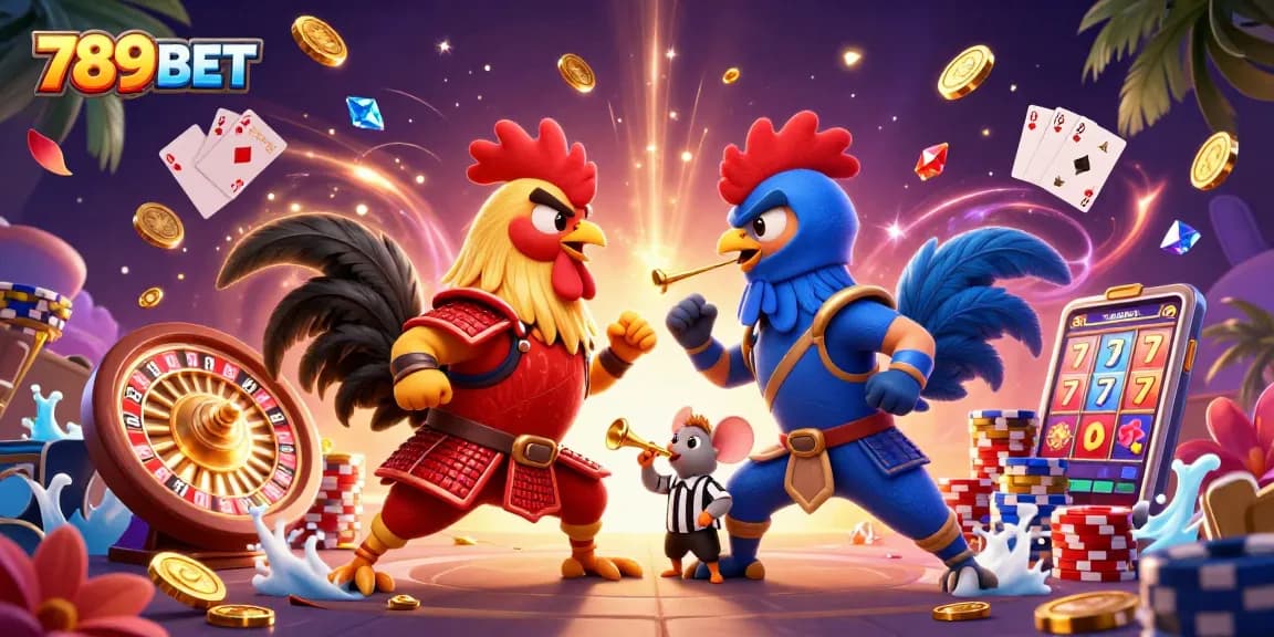 Experience thrilling gameplay at 789BET with our dynamic fighting roosters illustration full of energy and excitement.