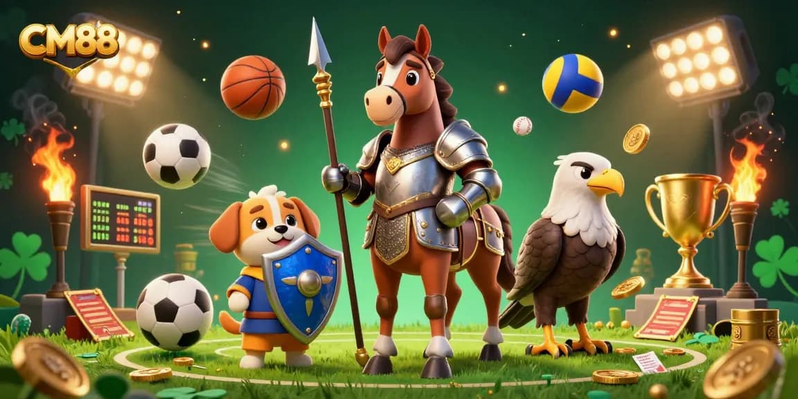 Engage with CM88 sports betting thrills featuring knights and epic elements in this 3D illustration.