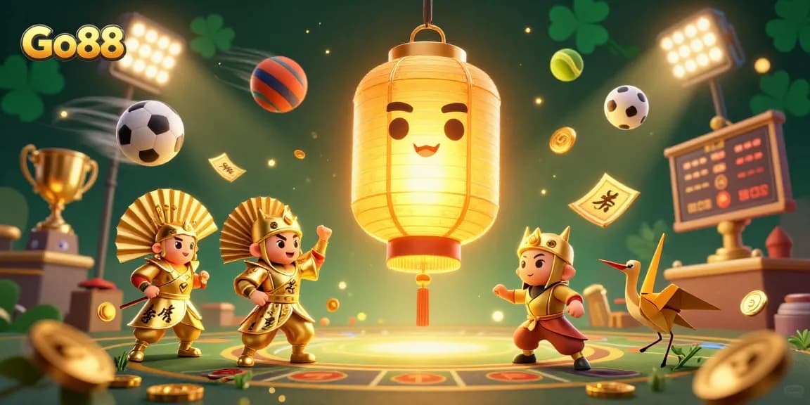 Experience the exciting Go88 gaming world with a dynamic casino illustration featuring lucky symbols.