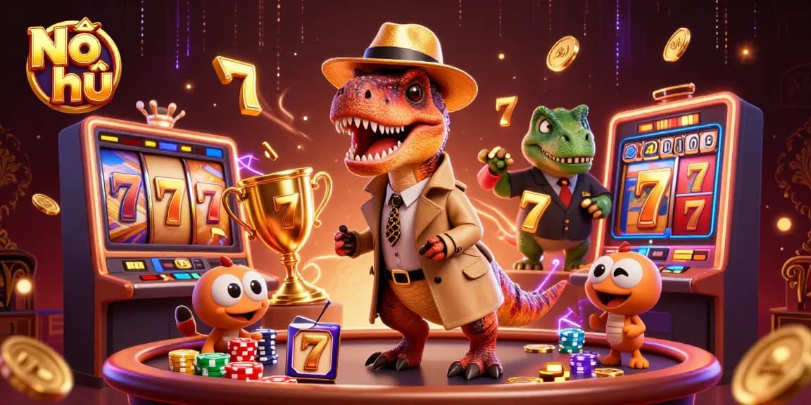 Nổ hũ revealing wins at a exciting slot game with playful dinosaur characters.