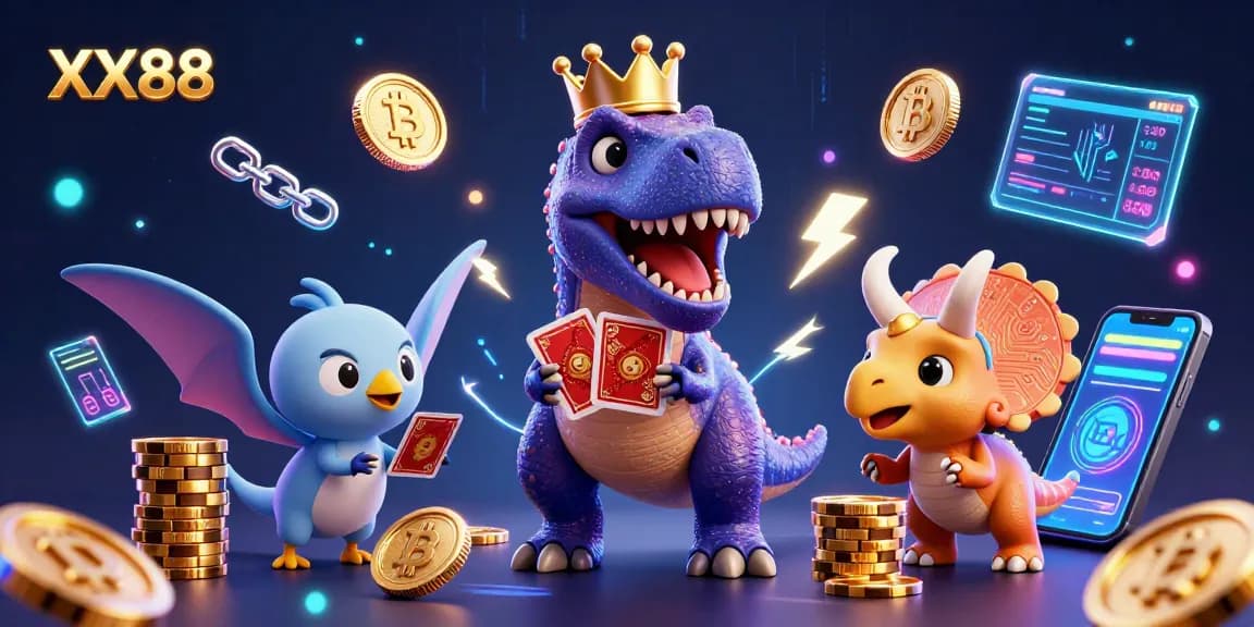 Engage with XX88's vibrant, thrilling casino experience featuring cartoon dinosaurs and cryptocurrency elements.