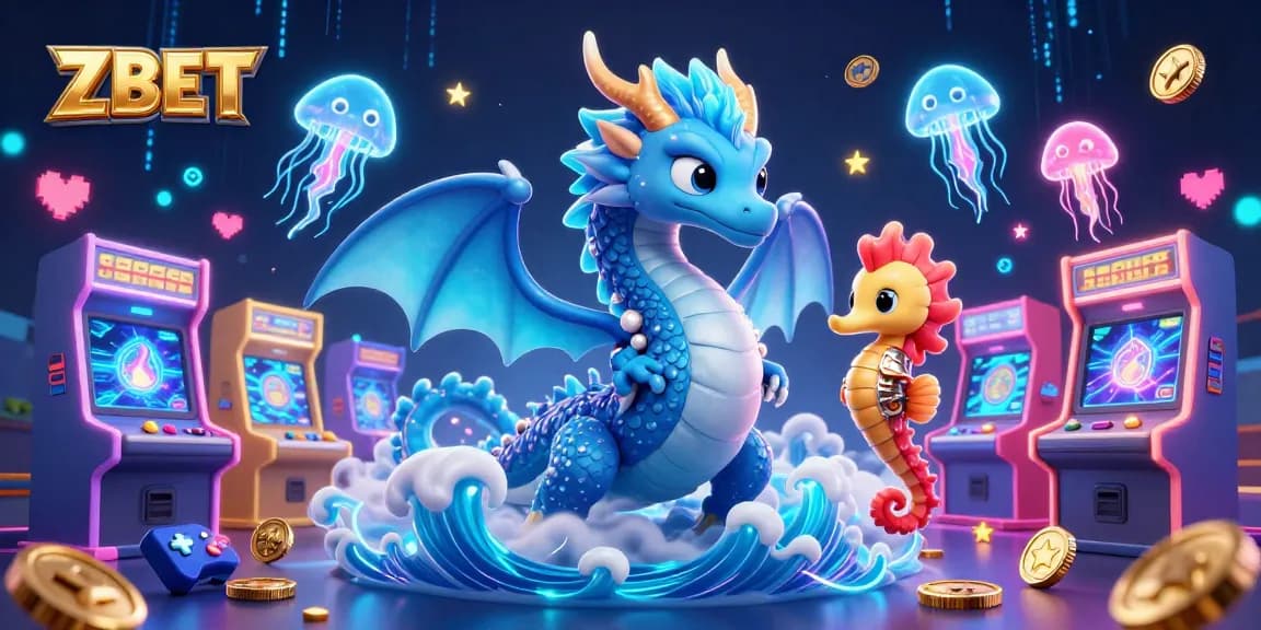 ZBET's vibrant gaming paradise showcases a charismatic water dragon amidst lively arcade action.