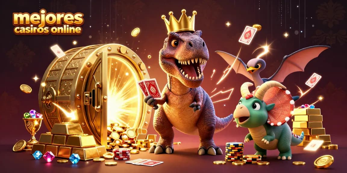 Juega en los mejores casinos online mientras un T-Rex intenta barajar cartas con ayuda de un pterodáctilo.